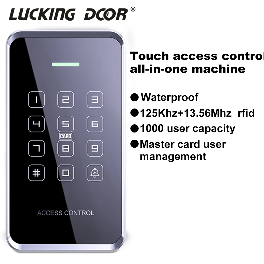 IP67 impermeável Backlight Touch Screen, RFID Standalone Access Controller, 125KHz EM + 13.56MHZ IC Access Control, 1000 Usuário Rfid Lock