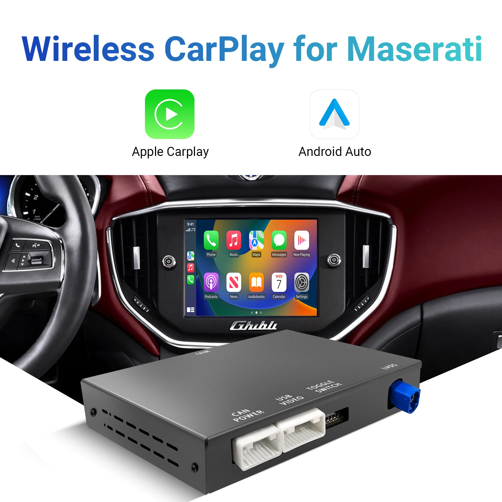 مجموعة أدوات تحديث السيارات اللاسلكية CarPlay Android OEM صندوق فك ترقية الشاشة لواجهة Maserati Quattroporte Ghibli CarPlay