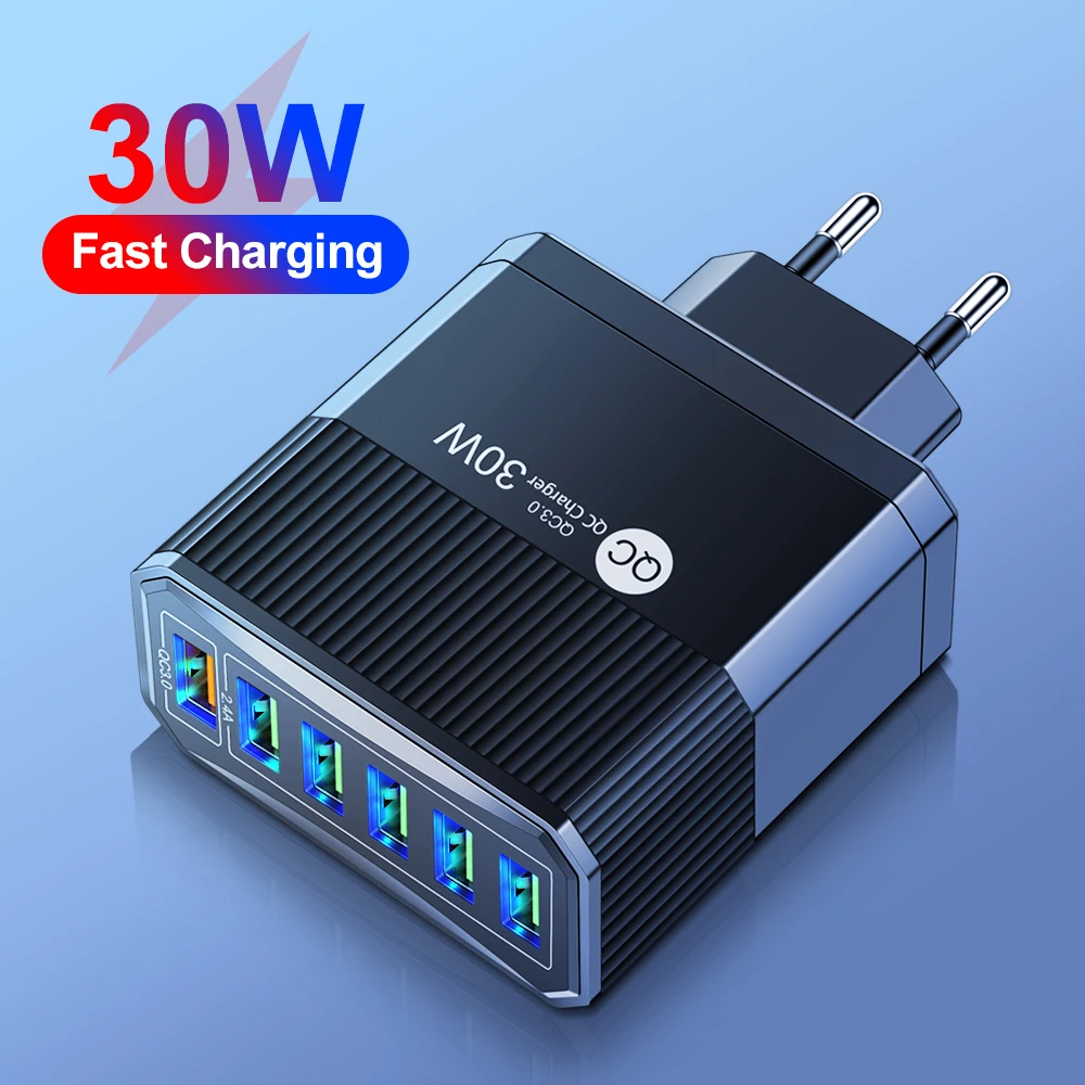 30W USB Charger 6Ports Quick Charge 3.0 Phone Charger For iPhone Samsung Xiaomi POCO Fast Charging EU/US/UK/KR Plug Wall Adapter