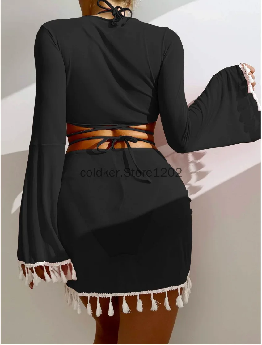 4 ชิ้นชุดว่ายน้ําผู้หญิงชายหาดสวมพู่ตาข่ายกระโปรงมินิชุดบิกินี่น่ารักสระว่ายน้ําชุดฤดูร้อน