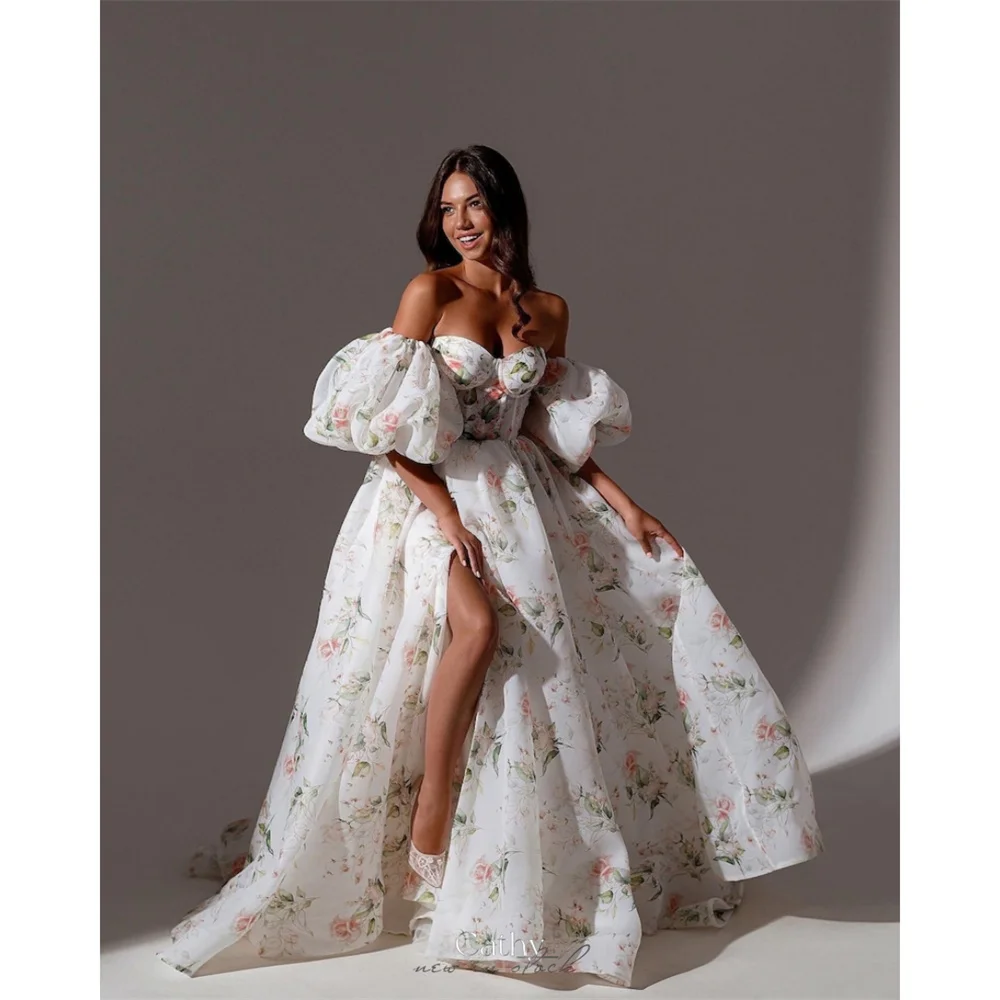 Cathy A-line Off the Shoulder Floral Print Wedding Dress Puff Sleeves vestidos de fiesta Floor-length Elegant Bridal Gown 2024