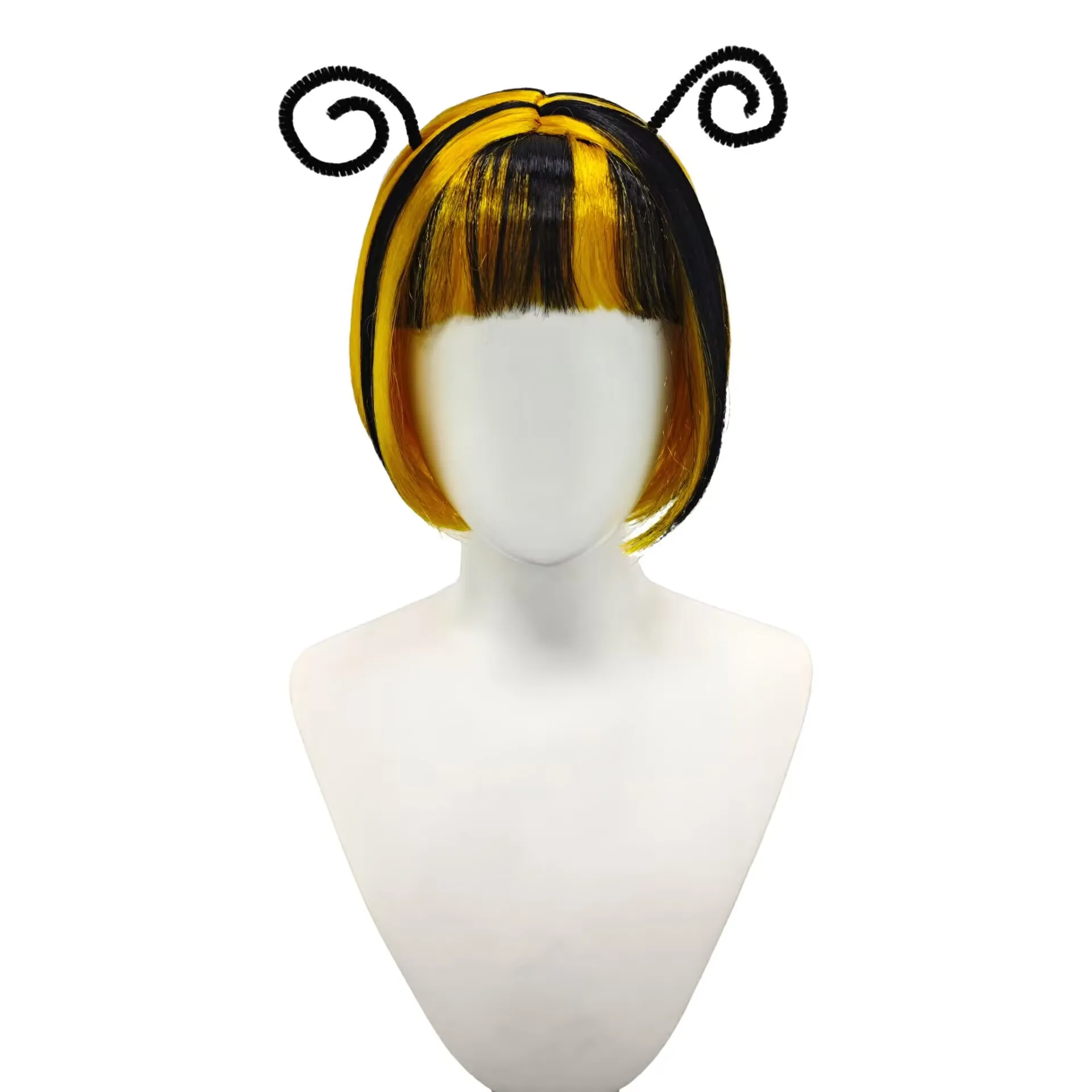 Anxin Brand Synthetic Fiber Wig, Black and Yellow Striped Short Hair Style with Spiral Tentacle Decoration, Insect-Themed Elements, Fluffy and Face-Slimming, Suitable for Insect Cosplay / Themed Parties / Quirky Creative Outfits, for Trendy Individuals Aged 16+, Easy to Wear and Maintain, One-Piece