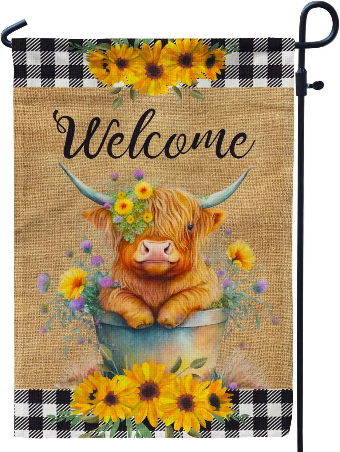 Welcome Highland Cow Garden Flags, Summer/Spring Sunflower Garden Flag for Outside/Outdoor Hanging Decorations Burlap 12x18 Inch