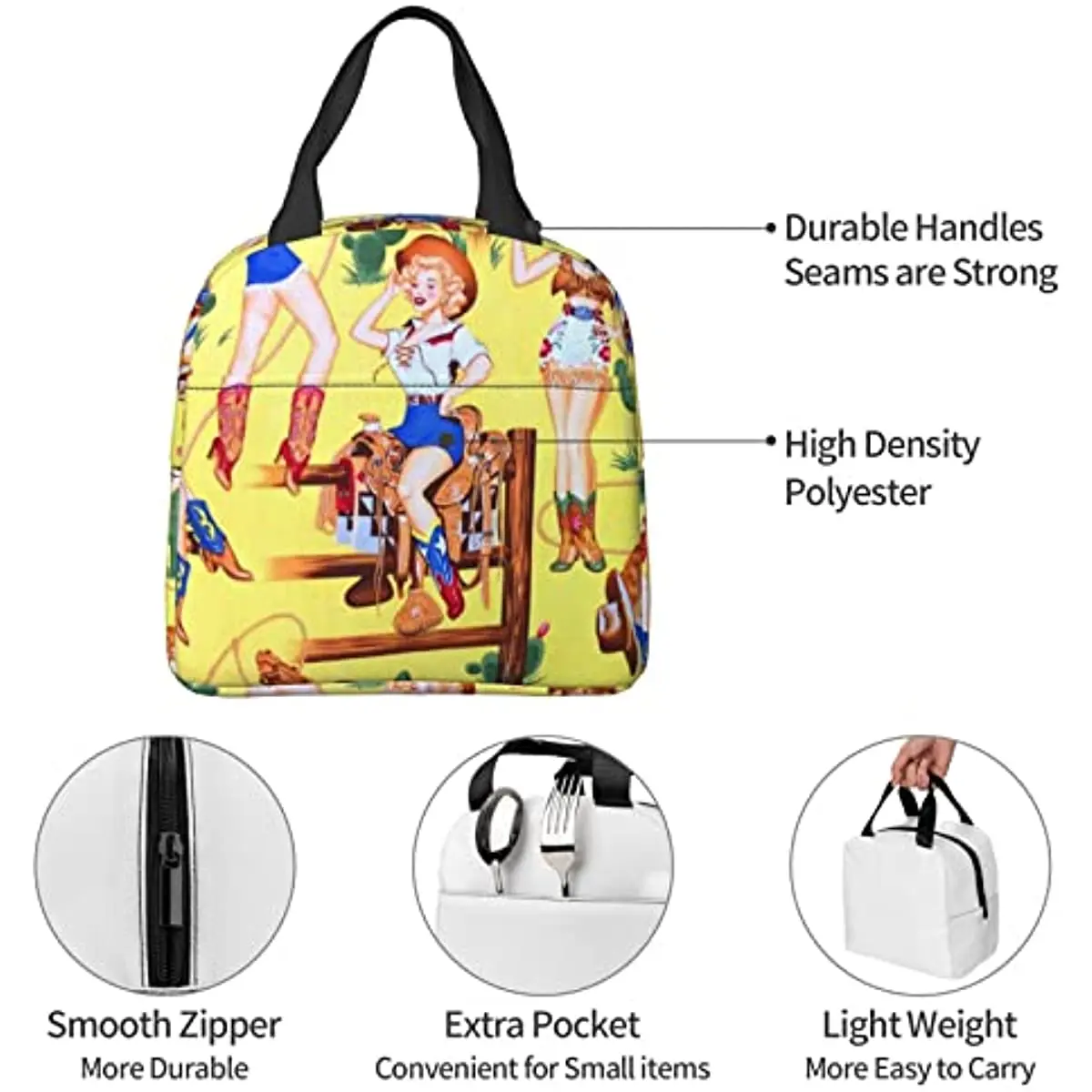 Retro Western Sexy Women's Denim Handbag Reusable Waterproof Men's and Women's Work Travel Lunch Bag