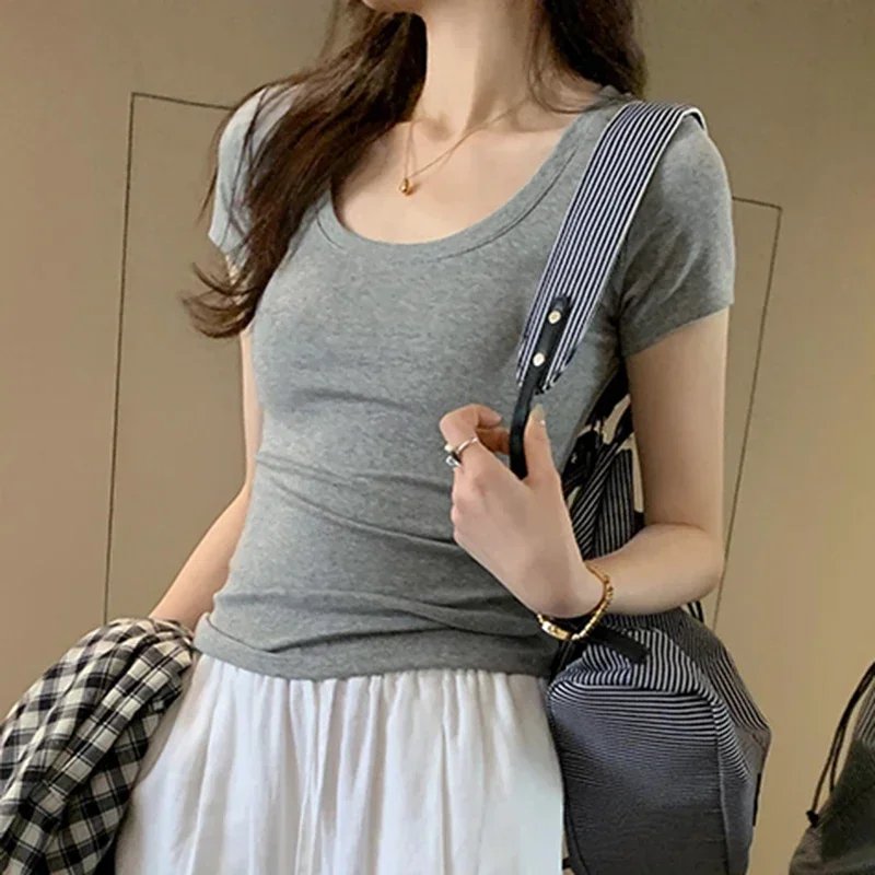 Femme 2025 verão casual algodão t camisa para mulheres manga curta camisetas moda feminina roupas finas básicas o pescoço y2k camiseta
