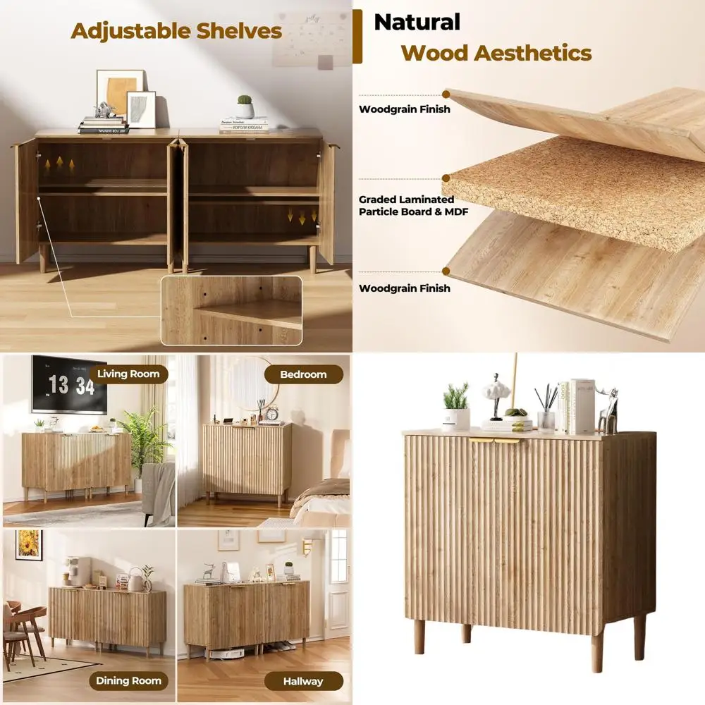 

Wooden Buffet Cabinet with Adjustable Shelves, Fluted Doors, Anti-Tip Design for Kitchen, Dining, Living Room, or Entryway, Easy