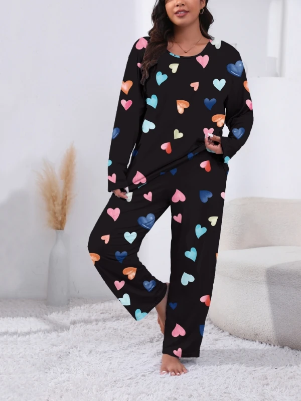 Conjunto de pijama feminino plus size de manga comprida e calças, 2 peças, camiseta e calças de manga comprida com estampa de coração, roupa de dormir elegante e confortável