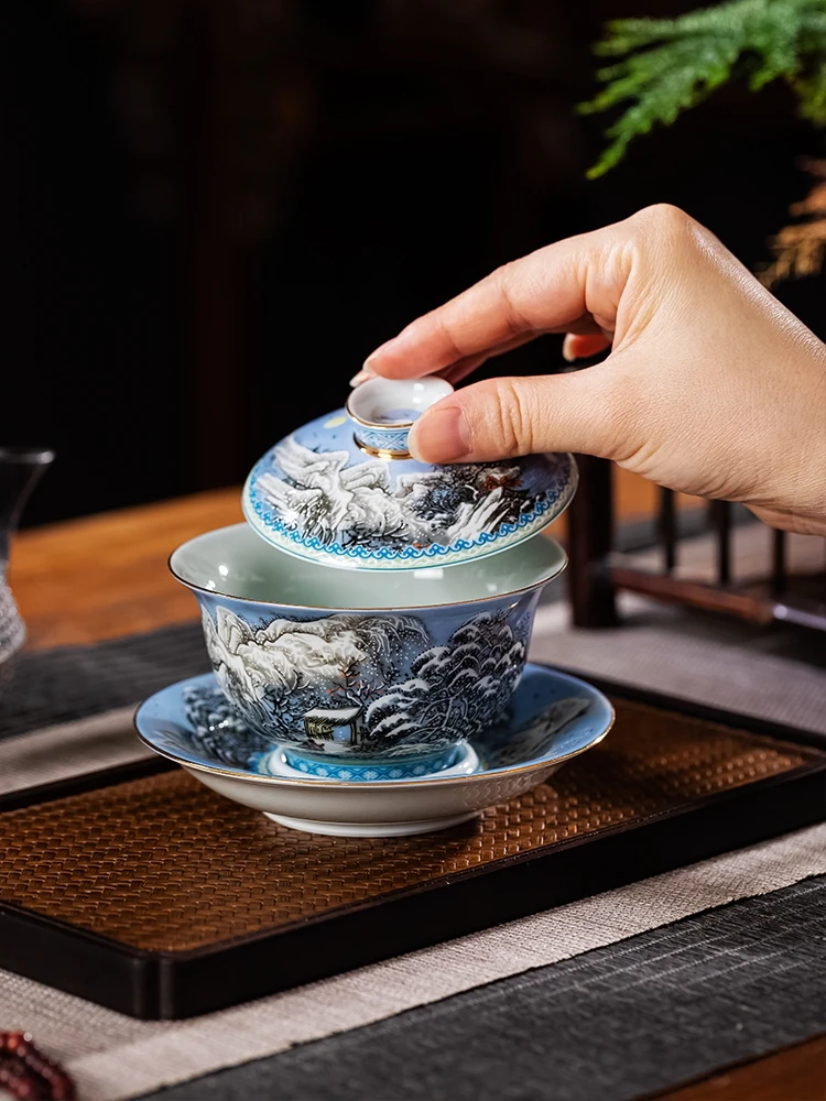 Chinese Retro Jingdezhen Gaiwan Enamel Snow Scene Gaiwan Non-Scalding Tea Home Ceramic Kung Fu Tea Set Teacup