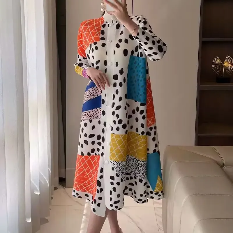 Abendkleider Damenkleider High-End-Mode Plissee Kleid Plus Size Damen Temperament Bedruckter Rundhals-Hemdrock