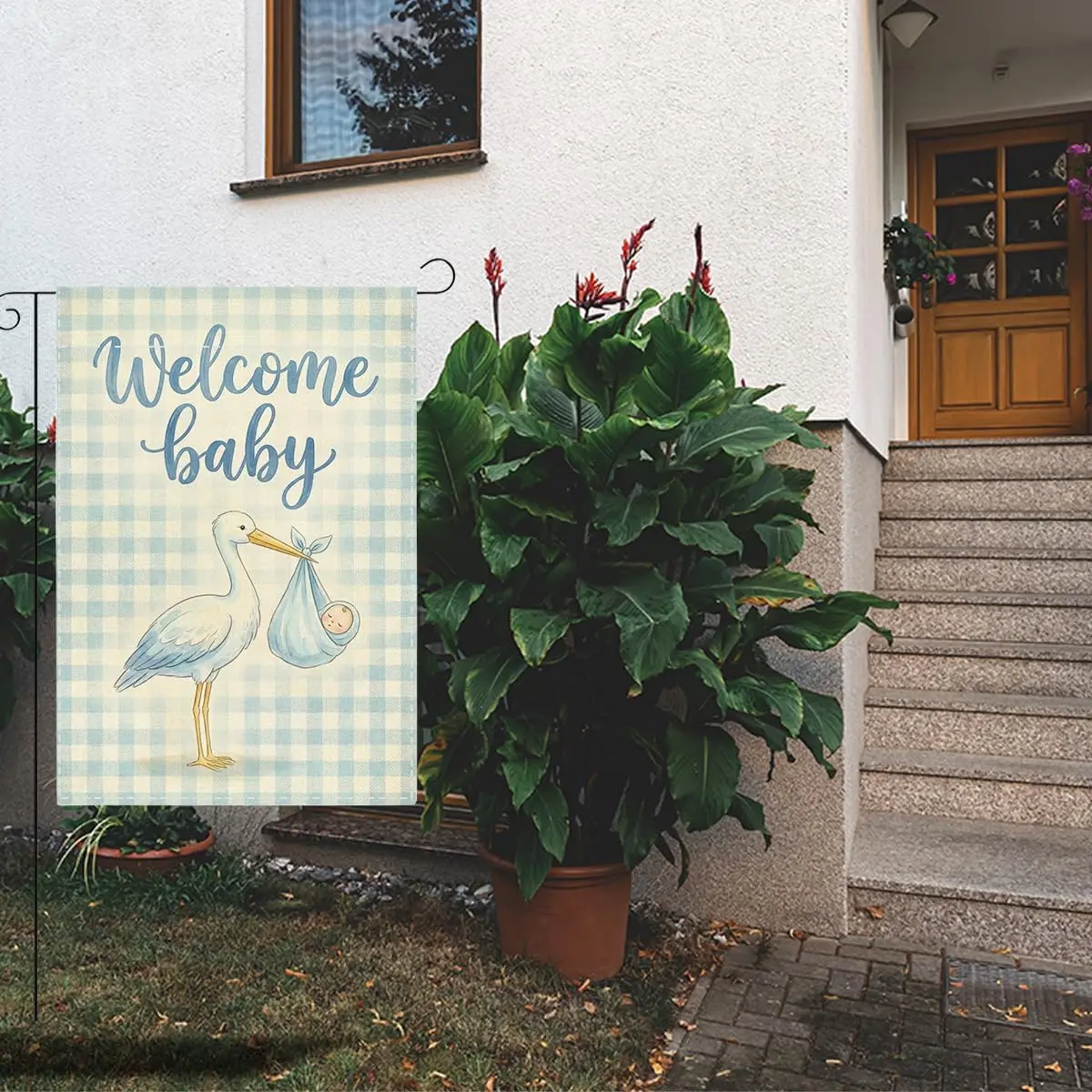 Welcome Home Baby Boy Garden Flag Blue Buffalo Plaid Its A Boy Announcement Yard Decor Sign Small Double Sided Burlap Gender AAS