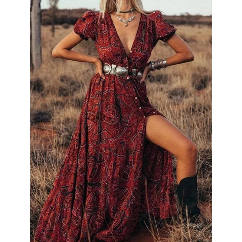 

boho long dress Vintage 2024 floral print Chiffon three quarter sleeve v-neck summer Gypsy Hippie women dresses vestidos