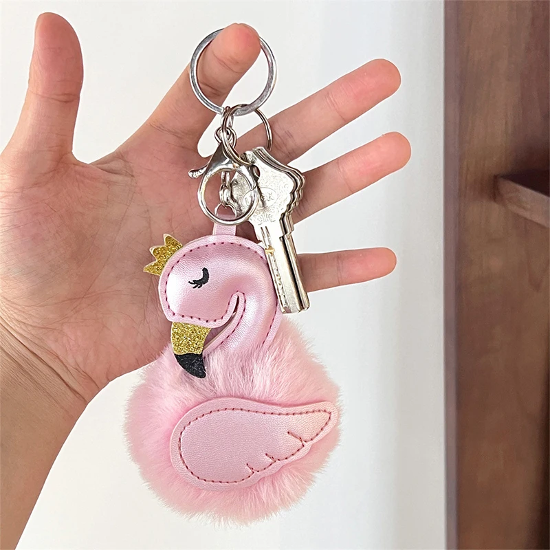 Pink Swan Exquisite Cute Keychain PU Leather Velvet Key Chain Wallet Car Key Chain Pendant Animal Keychain Bag Fur Ball Pendant 