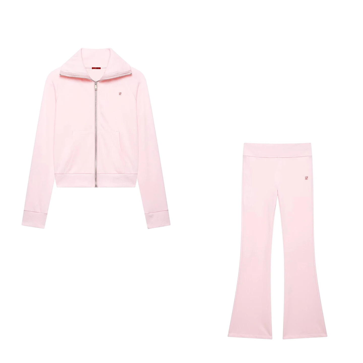 CH High Collar Zip Up Knit Matching Set Cropped Jacket Flared Pants Minimal Chest Embroidery Slim Women Leisure Outfit image 2
