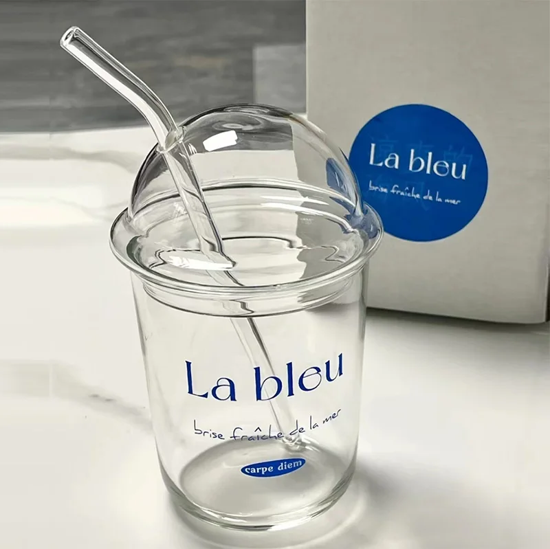 

Blue French Cups with Glass Straw Large Capacity Clear Coffee Milk Water Tumbler with Glass Cover Heat-resistant Glass Bobo