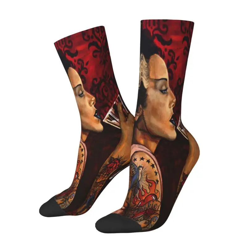 Fashion Printed Bride Cocktail Tattoo Art Socks for Women Men Stretch Summer Autumn Winter Frankenstein Monster Crew Socks