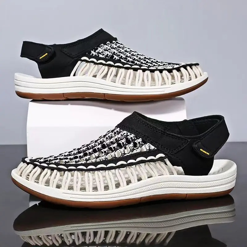 

Summer New Hand-Knitted Big Size Men Sandals Soft Sole Non Slip Baotou Hollow Out Slip On Lightweight Outdoor Beach Sandals