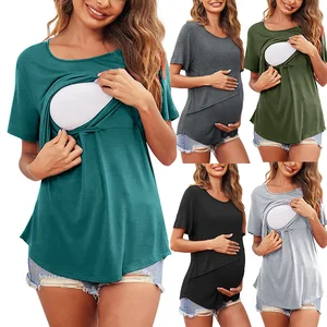 Tops de aba assimétrica feminina amamentada, camiseta casual para amamentação, manga curta, gola redonda, cor sólida, roupa de maternidade, novo 12 principais vendas blusa pra gravida - №1