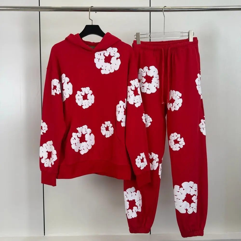 Fashion Top Quality Flower New Men's Women's Same Foam Kapok Printing Pure Cotton Hooded Sweater Trousers Set