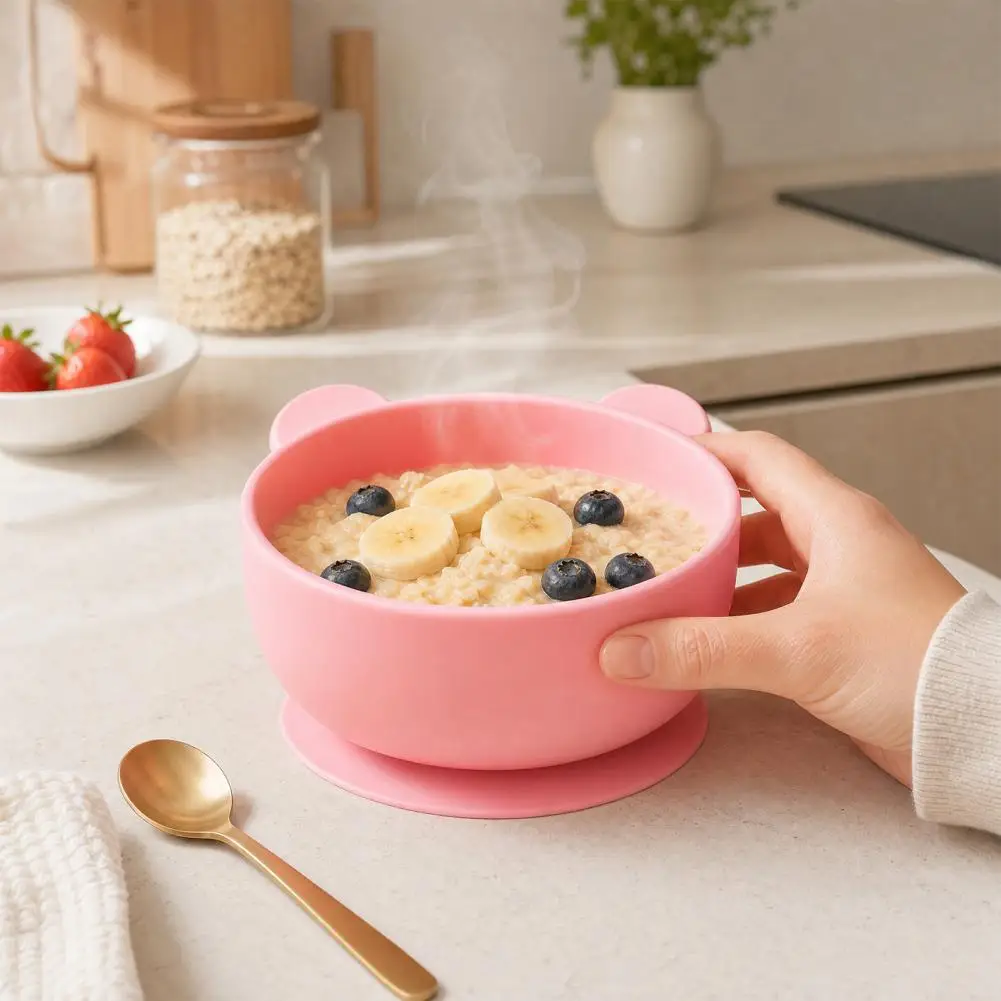Kids Training Bowl Bear Silicone Stainless Steel Baby Bowl Strong Suction Base Non Slip Anti Spill Toddler Feeding Tool