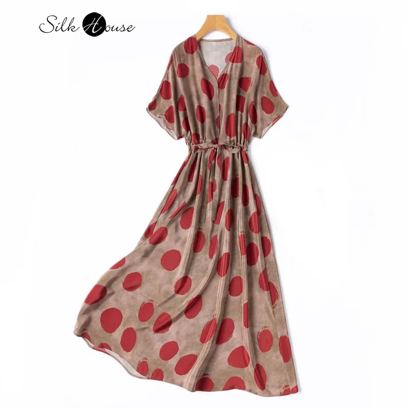 

Artistic Polka Dot Artistic Ink Printing Dyeing 100% Natural Mulberry Silk Crepe De Chine V-neck Loose Drawstring Waist Dress