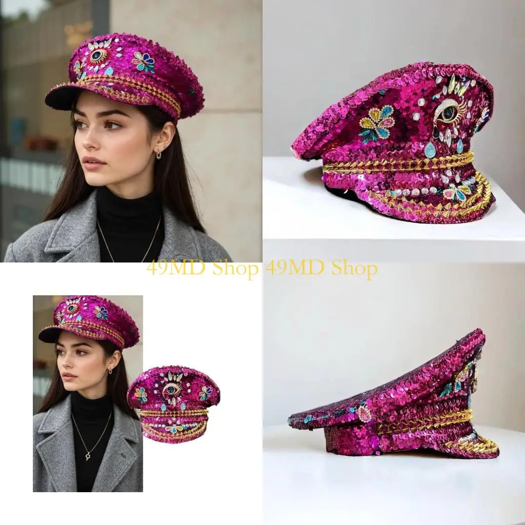 

49MD Sparkly Bride Hat Heavy Crystal Sequins Captain Hat for Actress Live Show