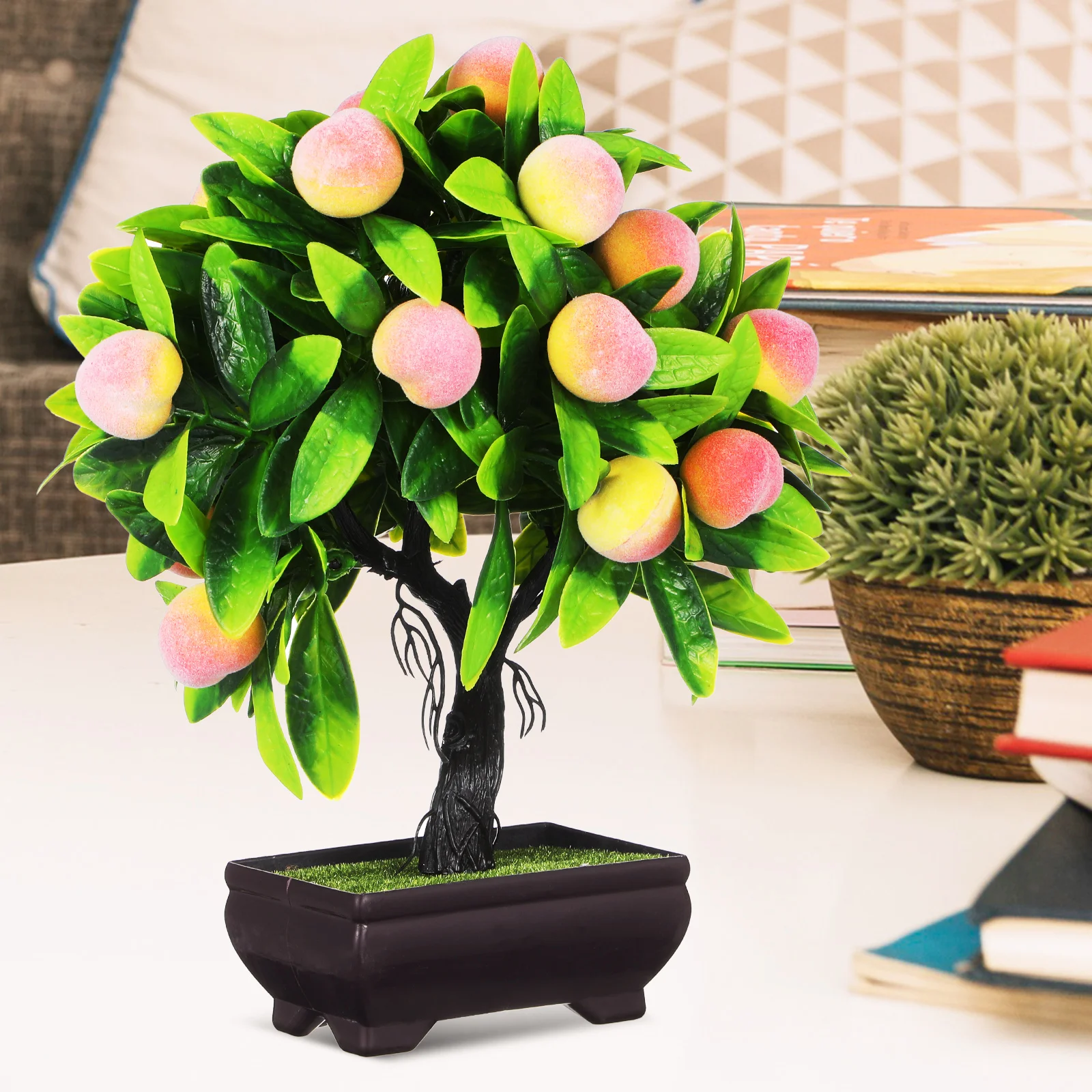 

Artificial Peach Bonsai Tree 25cm Realistic Faux Potted Greenery Decoration for Home Office Desk Shelf Simulated Plants
