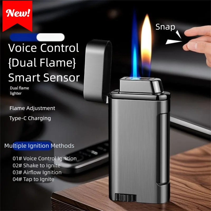 

Voice Controlled Dual Fire Intelligent Lighter Windproof Direct Blue Flame Inflatable Lighter Airflow Sensing Electric Lighter