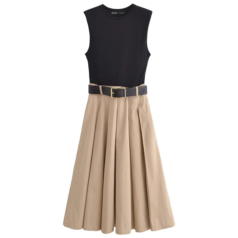 HXAO 2025 sukienki damskie bez rękawów Patchwork damskie eleganckie sukienki letni pasek długa sukienka damska plisowana sukienka Midi Tank