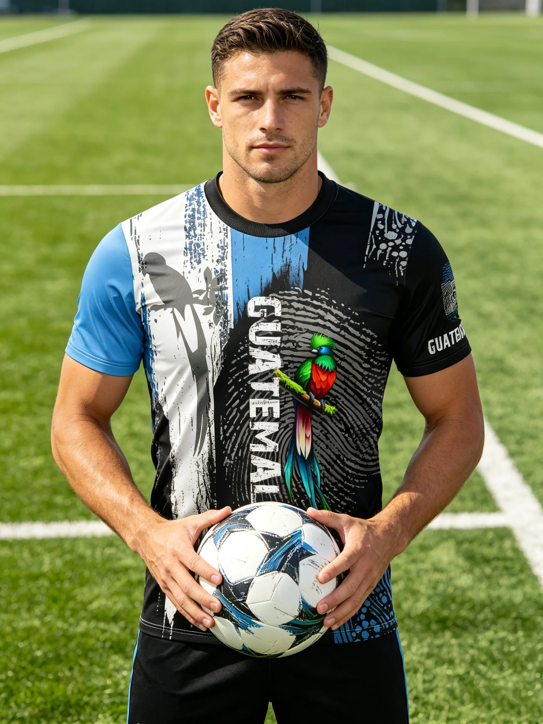 Guatemala themed football jersey,black‑white‑blue spliced design,vintage brush print,moisture‑wicking fabric,athletic fit