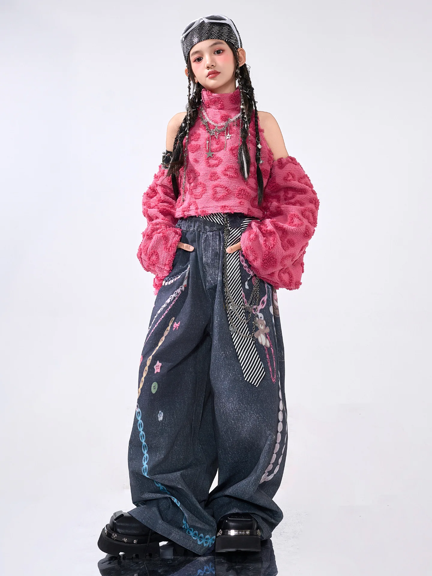 طفل Kpop الهيب هوب الملابس الوردي الصوف وهمية الرقبة المحاصيل تانك رمادي عادية طباعة فضفاض الجينز السراويل للفتيات أزياء رقص الملابس