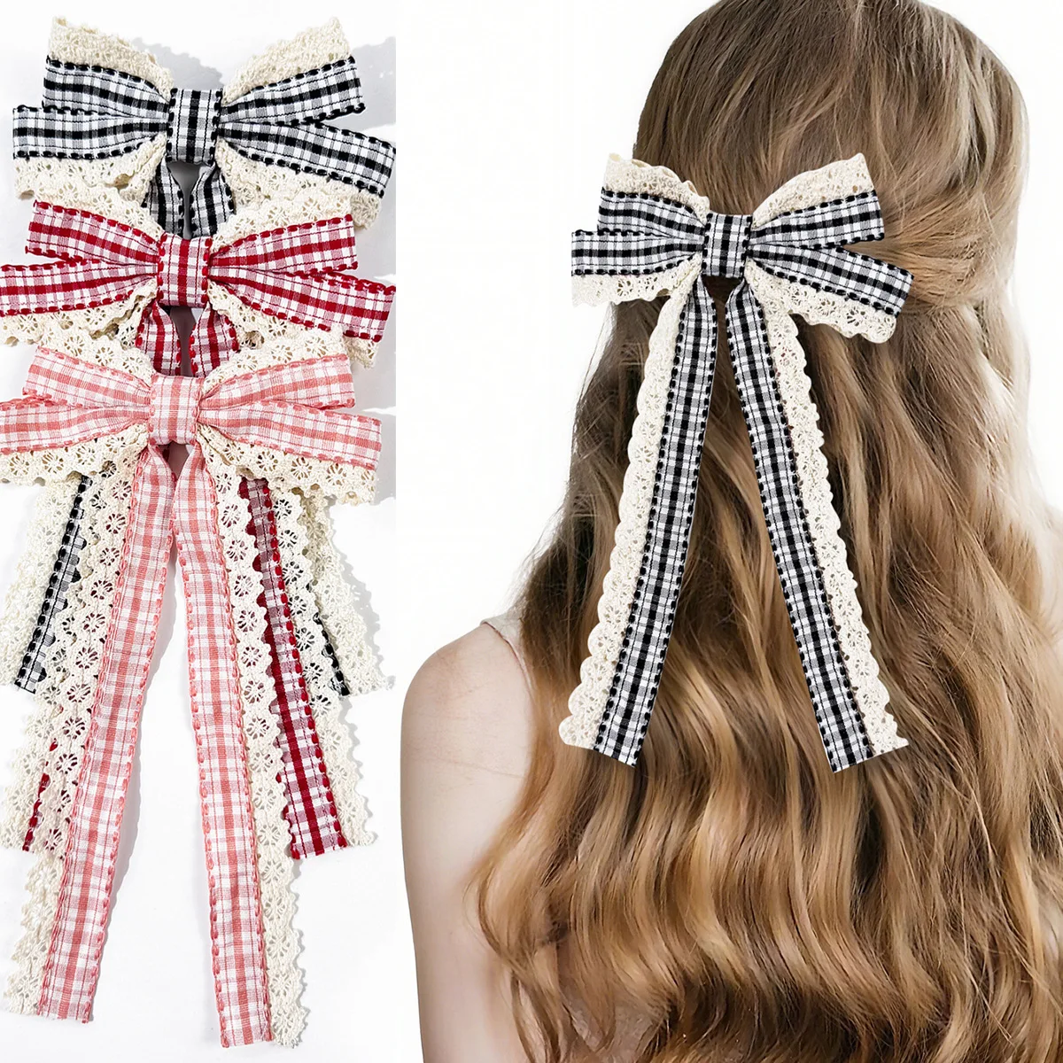 

24 шт., заколки для волос в клетку с принтом в клетку, длинные кружевные заколки с кисточками и бантом для женщин и девочек, свадебные заколки для волос, оптом