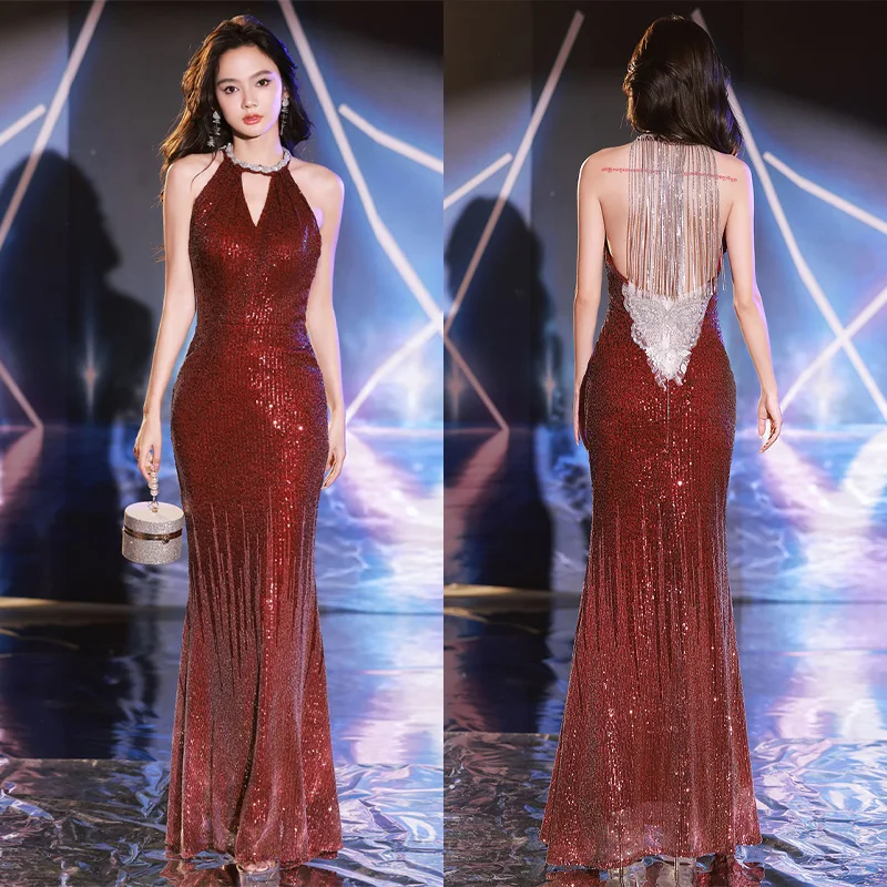 

It's Yiiya Burgundy Halter Sleeveless Mermaid Sequins Floor-Length Formal Dress Zipper Back Backless New Dress Woman Party A2715