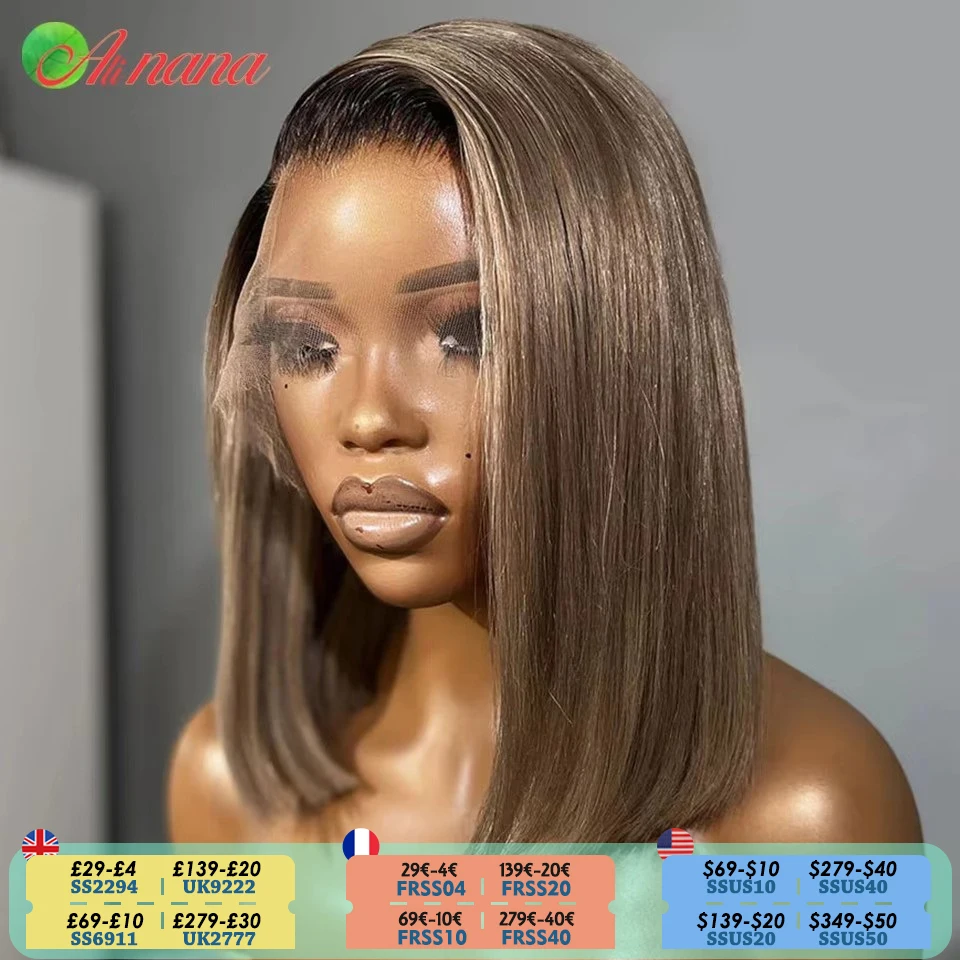 

Ombre Ash Blonde 1B Roots Colored 13x4 Lace Front Wig Human Hair Wig 180% Density Remy Straight Short Bob Wig For Black Women