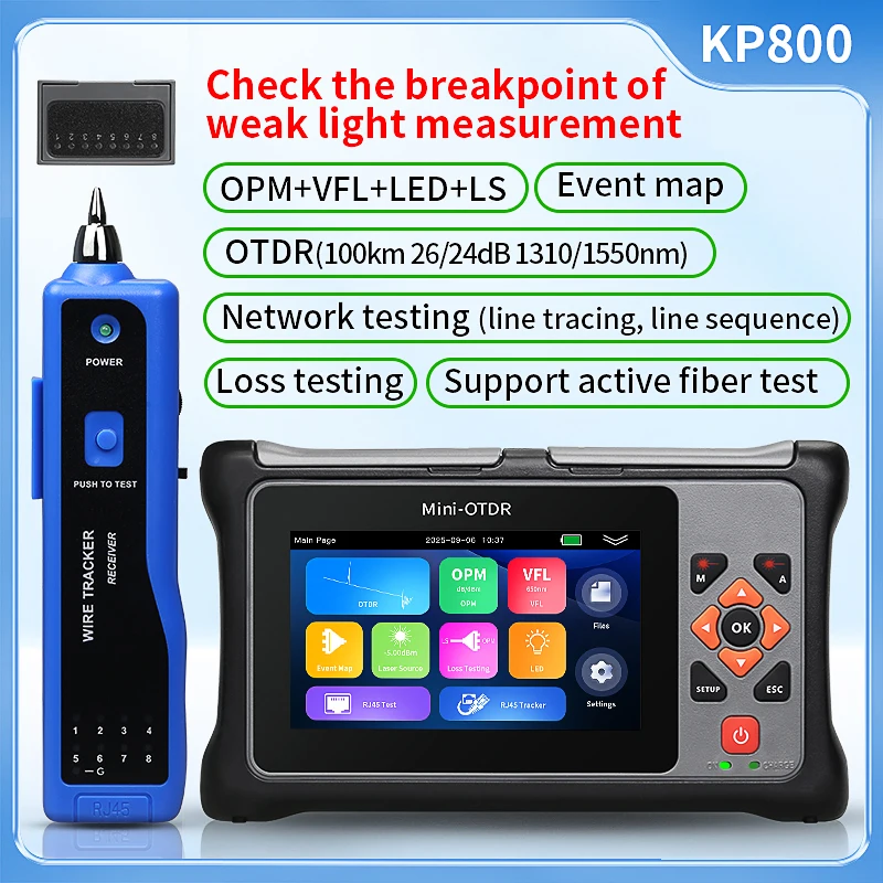 

Оптический рефлектометр KP800 Mini-OTDR 100 км, 26/24 дБ, 1310/1550 нм, для активного тестирования волоконно-оптических линий, со встроенным OPM, VFL, LED, LS