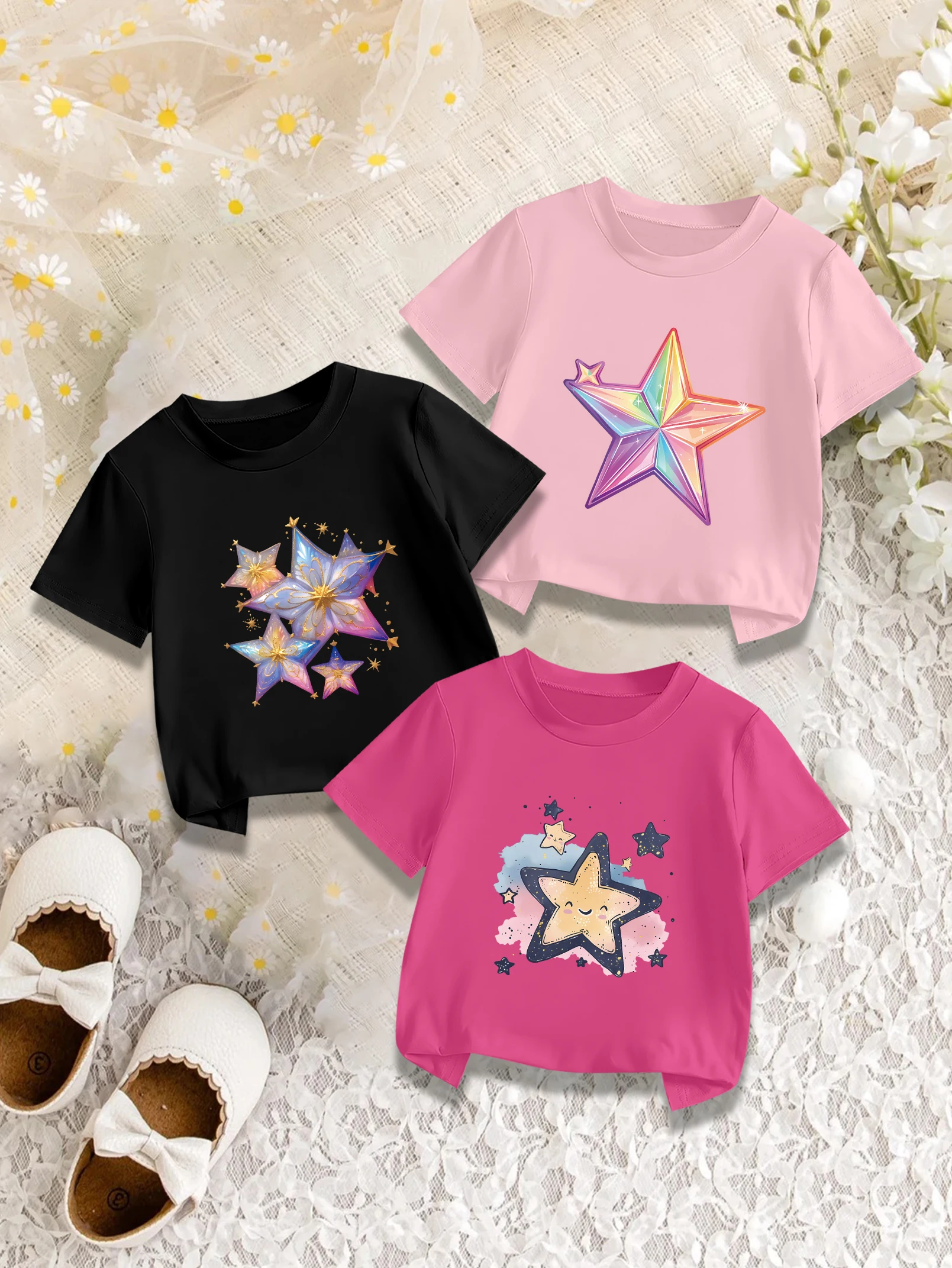 

3 предмета: летние милые футболки для девочек с ярким мультяшным принтом в виде звезд