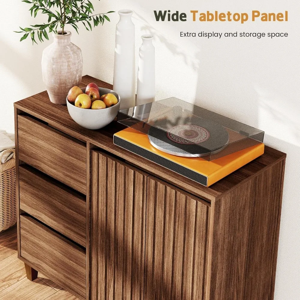 خزانة بوفيه جانبية مع مساحة تخزين - خزانة بار قهوة من خشب الجوز مع 3 أدراج وبابين، خزانة تخزين مخددة للمطبخ،