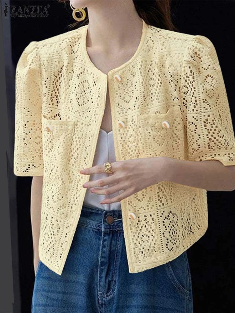 

Vintage Lace Shirts Women Summer Cardigans Short Sleeve Tops ZANZEA 2025 Solid Blusas Casual O Neck Tunics Oversized