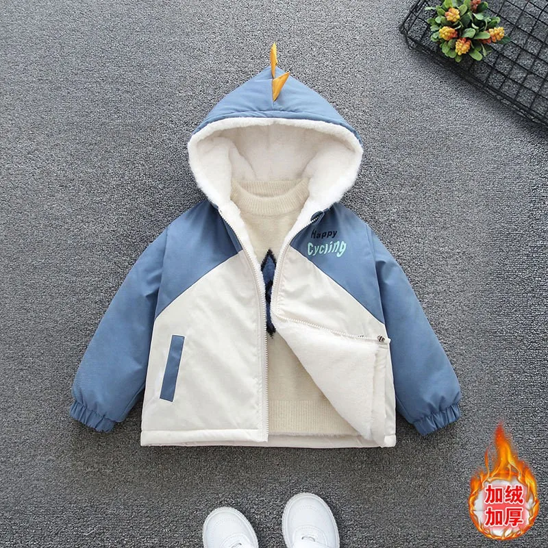 Winter Add Velvet Thick Warm Jackets Boys Cartoon Dinosaur Coat Sports Casual Windbreaker Outerwear Kids Christmas Clothes New