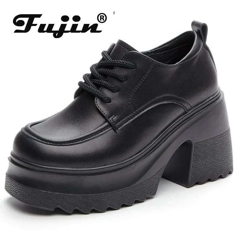 Fujin 10CM Wedge Pumps High Brand Shoes Hidden Heels Female Lace Up Moccasins Genuine Leather Spring Summer Women Platform Shoes