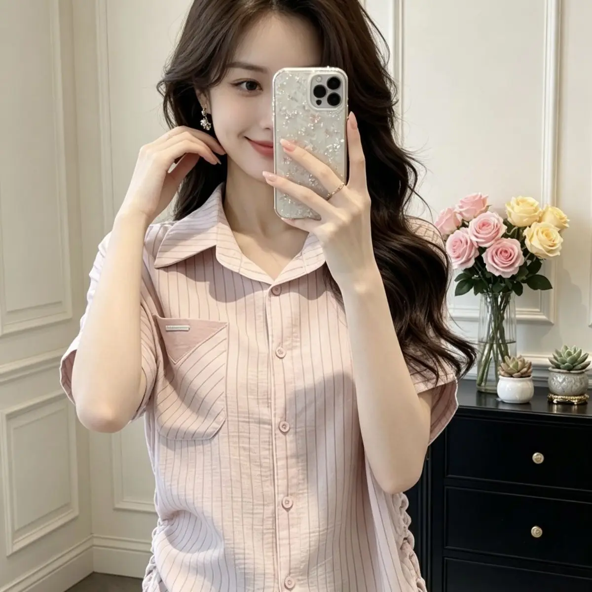 Summer plus Size Women's Shirt Drawstring  Neck Striped Loose Slimming Casual Fashion Korean Style Big Code Blouse