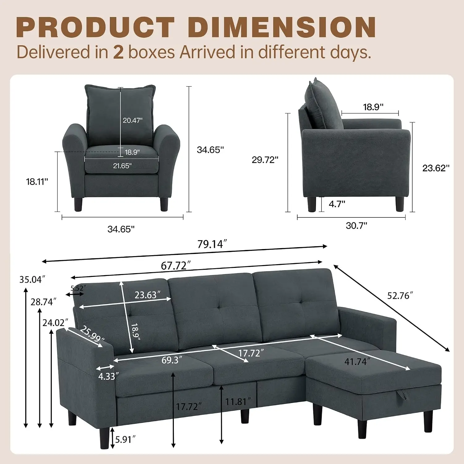 2PCS Sectional Couch Set, 3 Seat Sofa and Chair Set with Side Pockets & Movable Storage Ottoman, Modern Convertible Fabric Corne