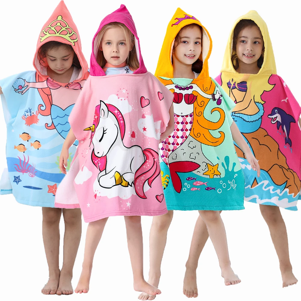 

Summer Kids Beach Towels Cartoon Hooded Bath Robes Children Unicorn Shark Bathing Towels Boys Girls Cape Baby Cloak