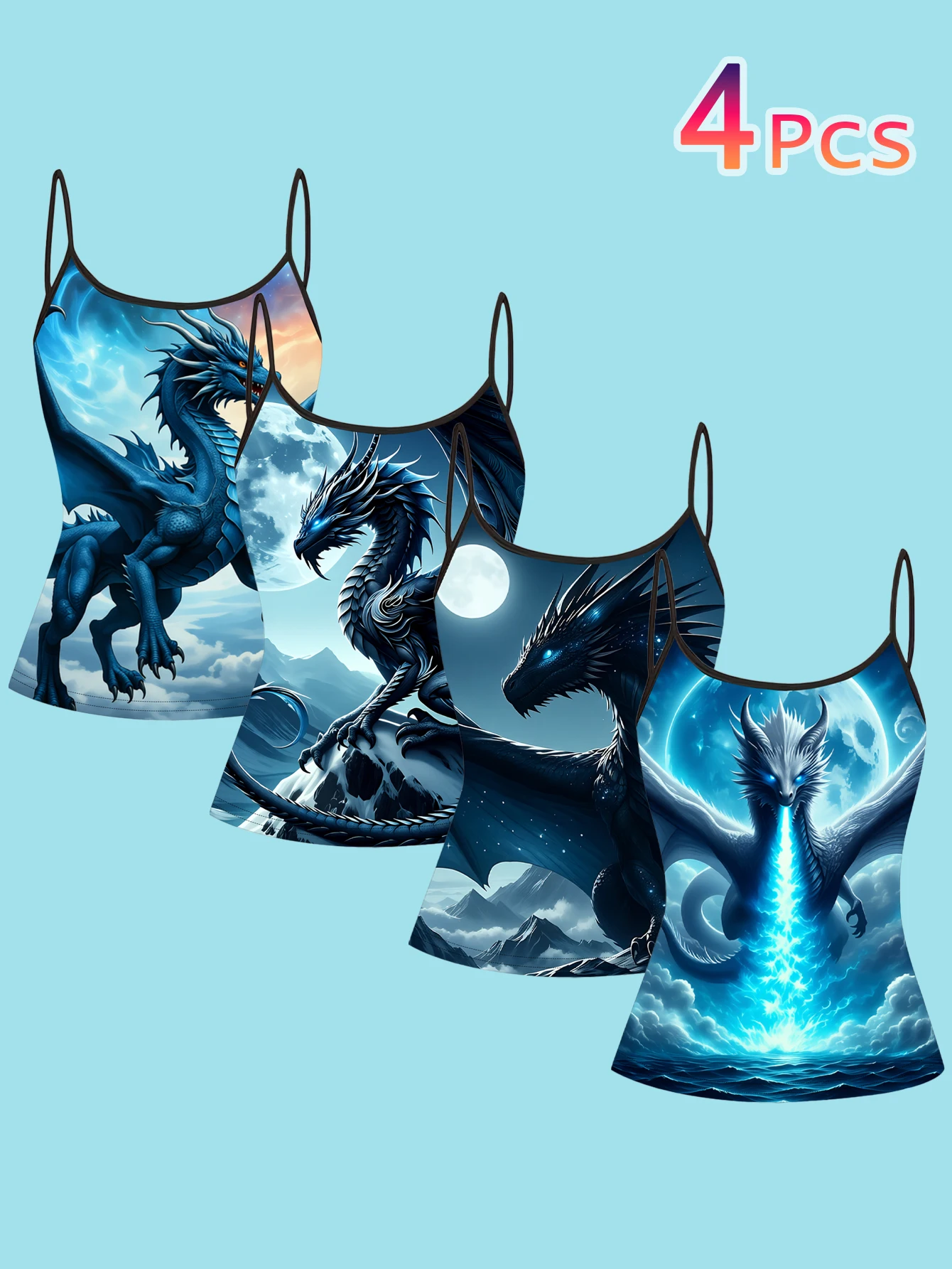 4-Piece Set of Magic Blue Dragon Print Camisoles, Moonlight Dragon Fantasy Creature Spaghetti Strap Sleeveless Tops, Dark Fantasy Style Slim Fit Inner and Outer Wear Vest Set