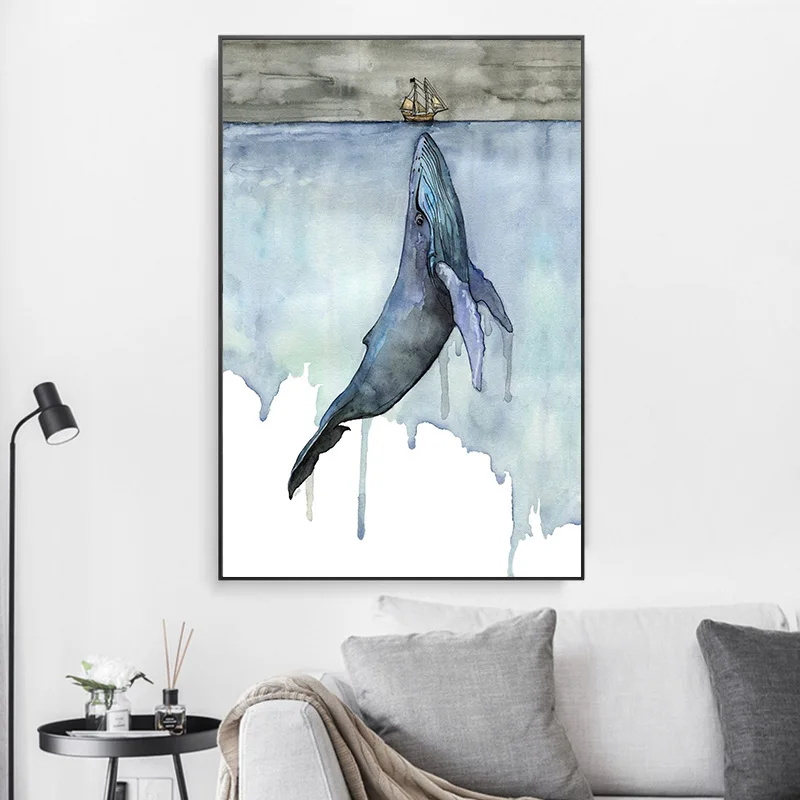 Акварельная гигантская морская КИТ, орка и девушка, печатный плакат, холст, живопись, абстрактная Морская жизнь, настенное искусство для детской комнаты, декор для комнаты мальчика