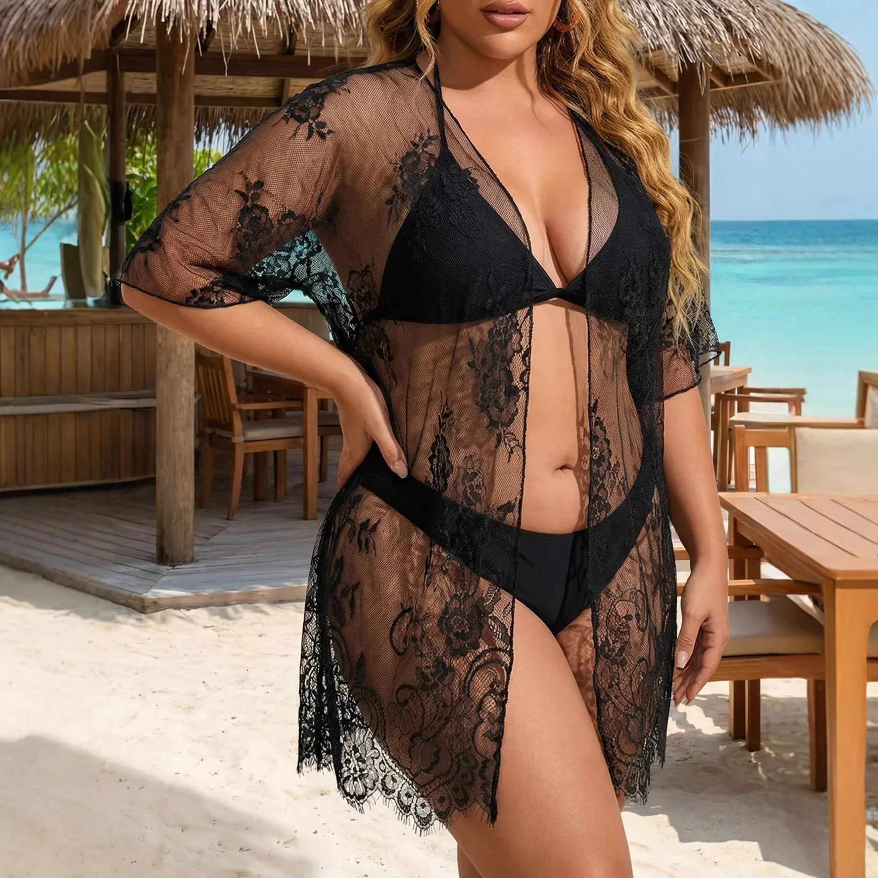 Plus Size Sexy See-through Lace Bikini Cover-Ups Women Summer Half Sleeve Beach Tunic Female Bathing Suit Beachwear
