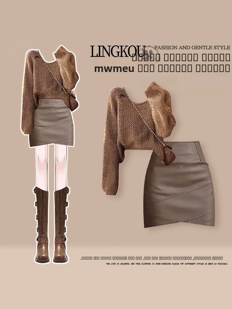 

Retro Knitted Set Women's n Anti-Aging High Waist ort Skirt Slimming Two-Piece Suit Casual Sle for Autumn Spring