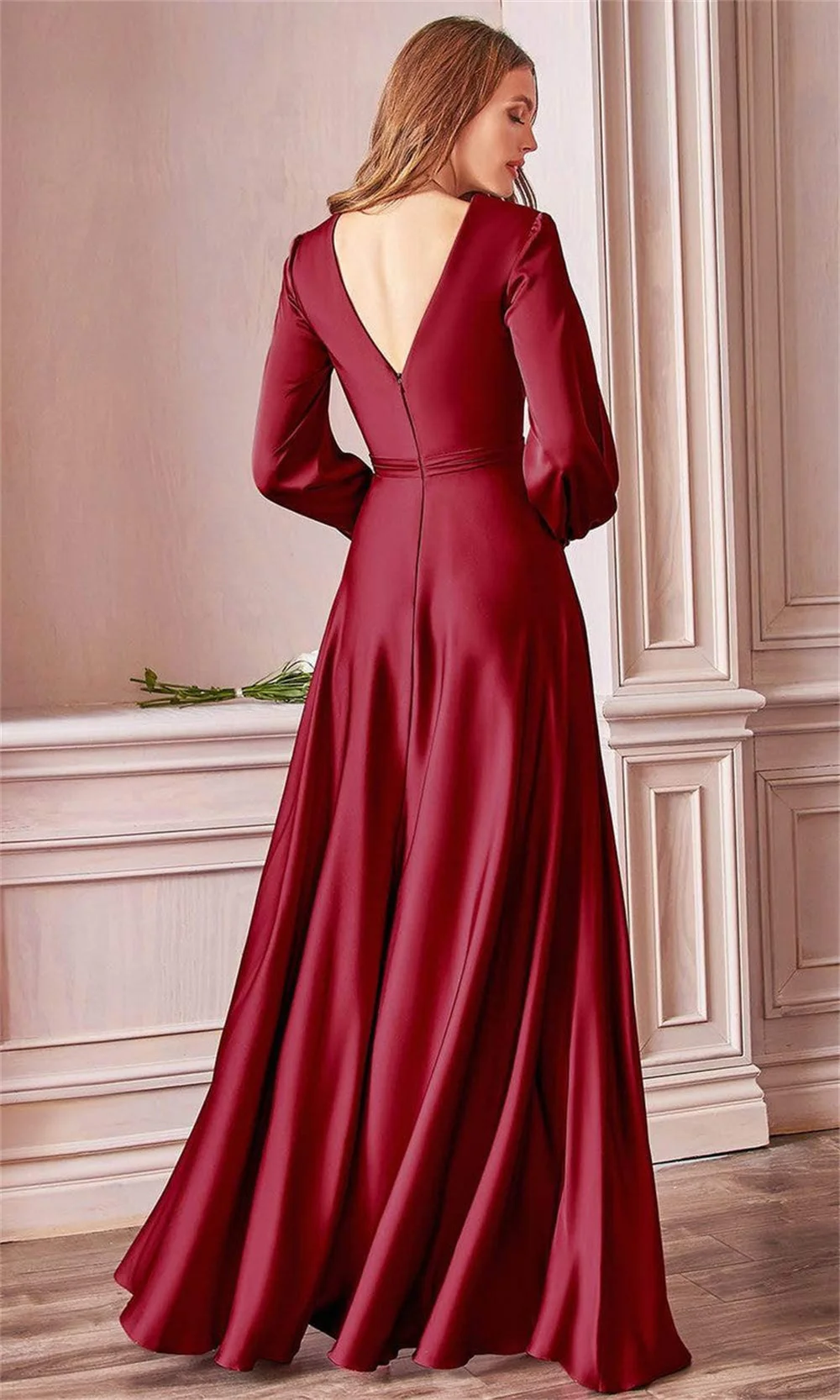 Off the Shoulder V-neck Bridesmaid Dresses for Wedding Split Long Sleeves Pleated Corset Formal Prom Gowns A-line Evening Dress