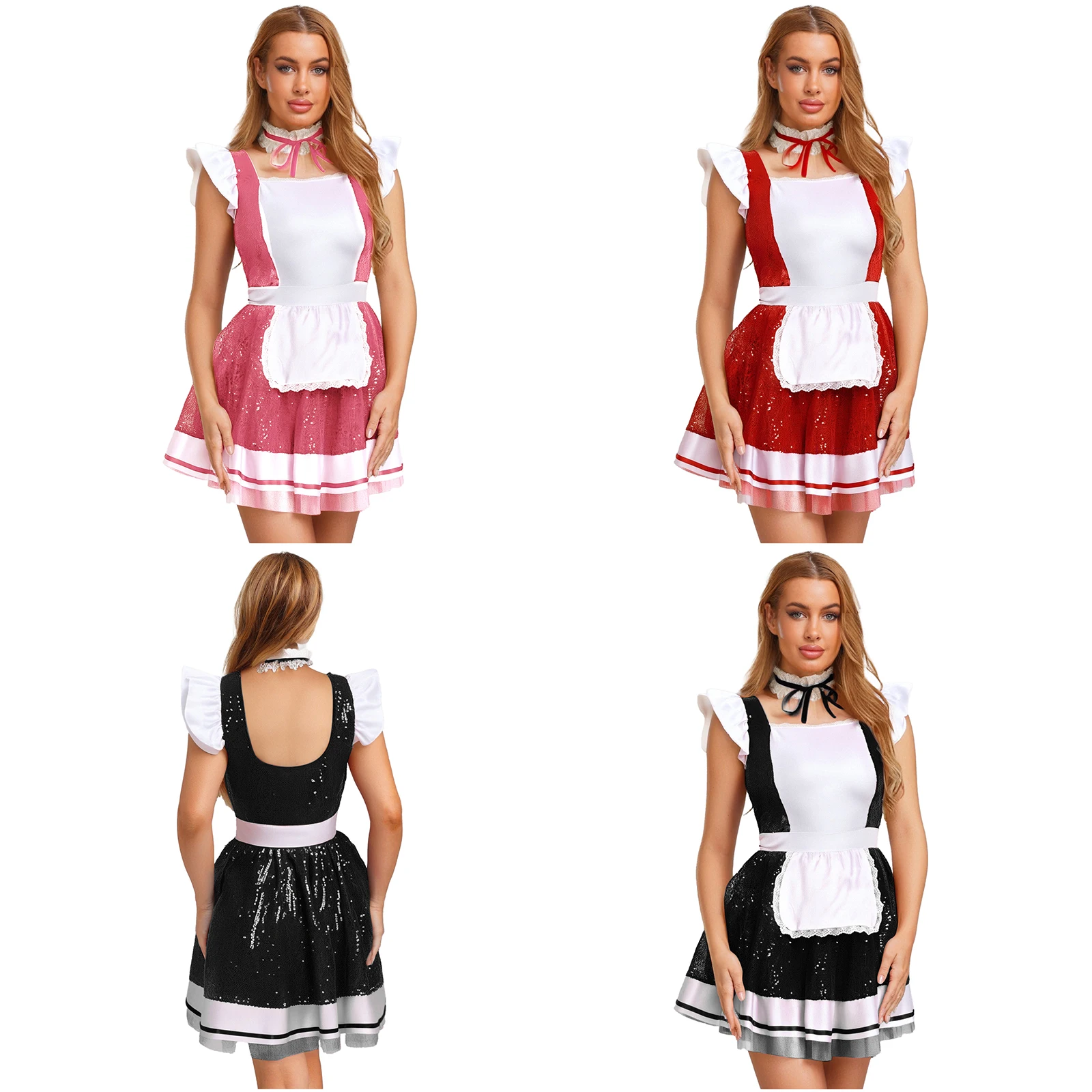 Dienstmädchen-Schürzenkleid, Cosplay-Kostüme, Fliegenärmel, Pailletten, Tüll, Unterrock, Kleid + Halsband-Set für Frauen und Mädchen, Halloween-Party, Nachtclub