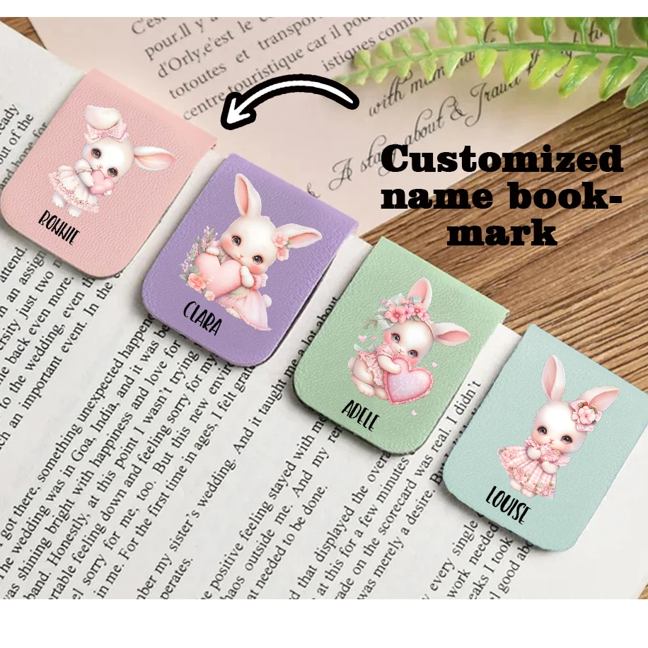Marcapáginas con nombre con conejo romántico, marcapáginas de conejo romántico de cuero personalizado, marcapáginas magnético personalizado, 1 ud.
