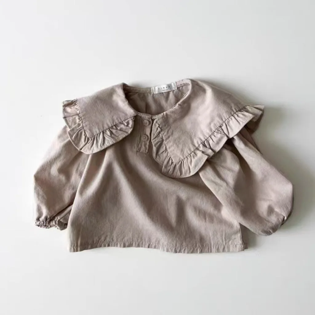 Autumn New Baby Girls Large Lapel Long Sleeve Shirts Cotton Children Solid Cute Sweet Infant Toddler Casual Versatile Pullover